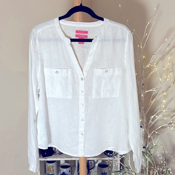 💙Isaac Mizrahi New York L 100% linen.Mother of Pearl buttons,roll tab sleeves. - Picture 1 of 6